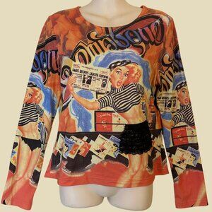 Vintage 90's Y2K Méchant Women's Colorful 3D Printed Top Size M USA Quirky Fun